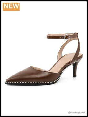 Faux Leather Kitten Heel Pumps Ankle Strap Pointed Toe Beaded Dress Shoes